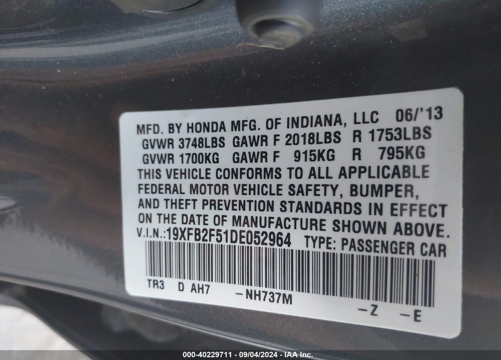 2013 HONDA CIVIC LX VIN: 19XFB2F51DE052964