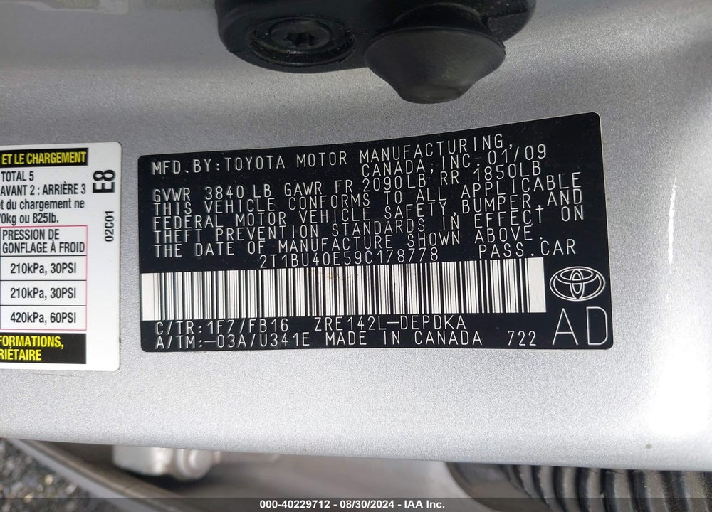 2009 TOYOTA COROLLA LE VIN: 2T1BU40E59C178778
