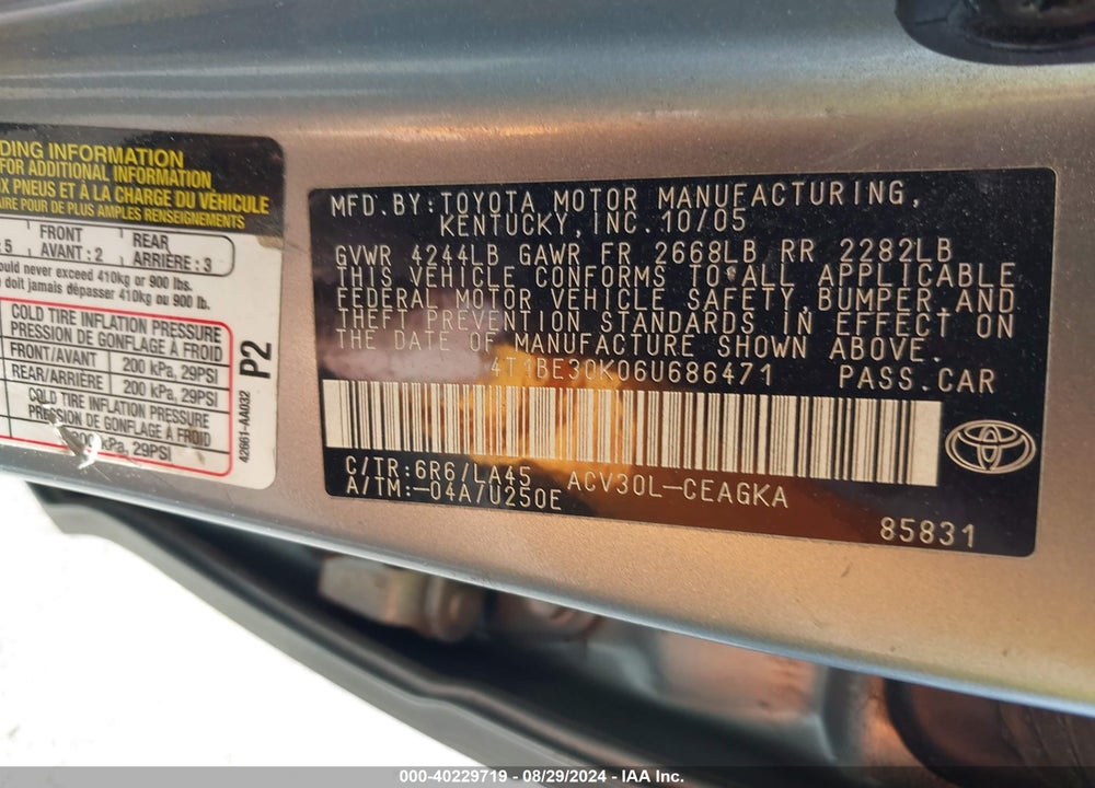 2006 TOYOTA CAMRY XLE VIN: 4T1BE30K06U686471