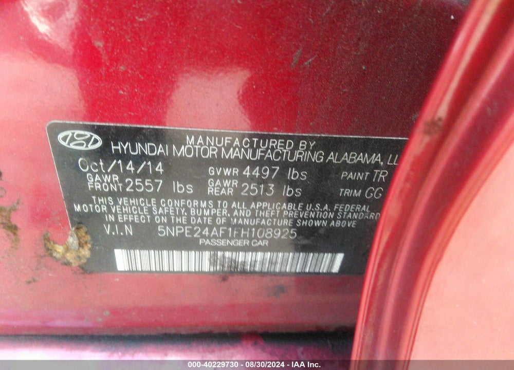2015 HYUNDAI SONATA SE VIN: 5NPE24AF1FH108925