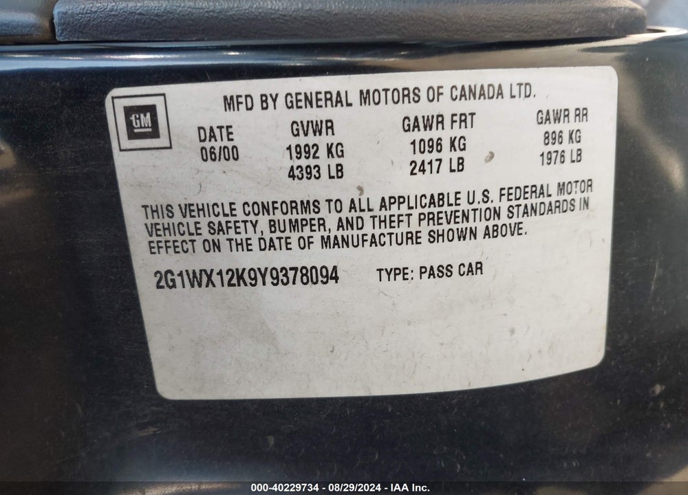 2000 CHEVROLET MONTE CARLO VIN: 2G1WX12K9Y9378094