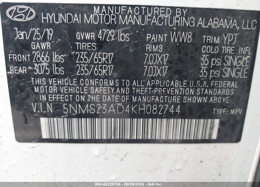 2019 HYUNDAI SANTA FE SE VIN: 5NMS23AD4KH082744