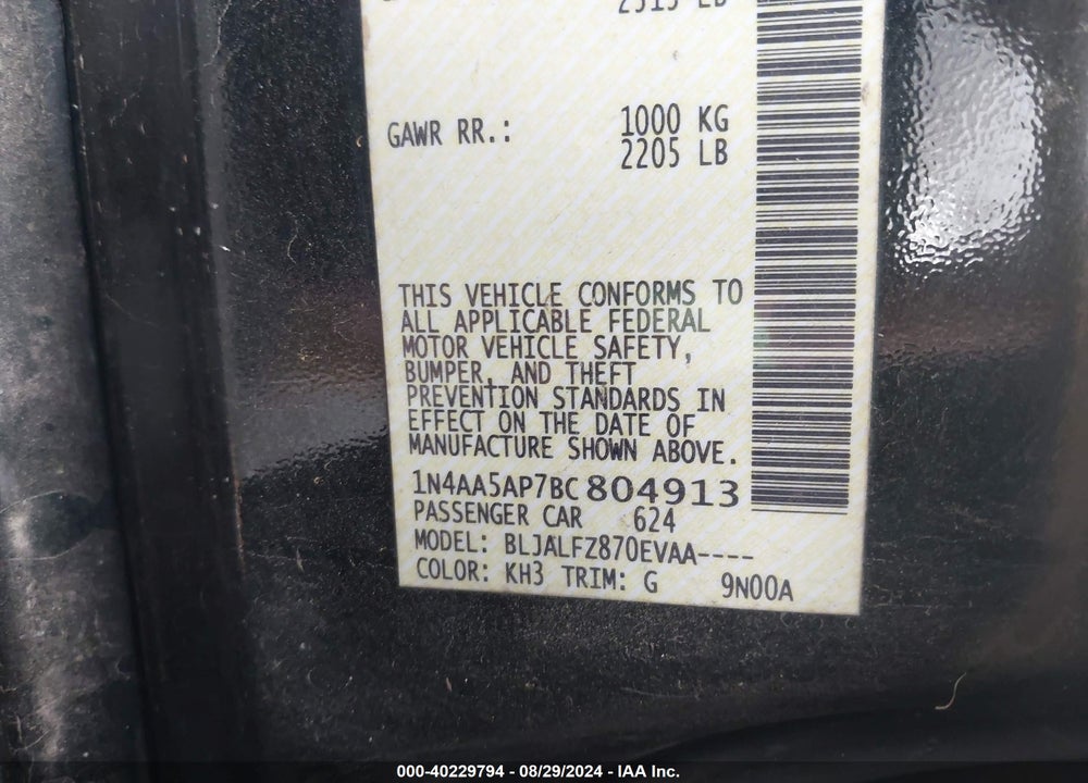 2011 NISSAN MAXIMA 3.5 SV VIN: 1N4AA5AP7BC804913