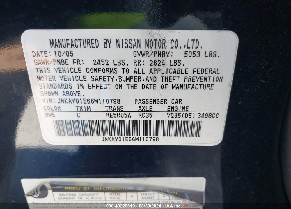 2006 INFINITI M35 VIN: JNKAY01E66M110798