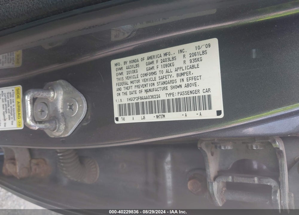 2010 HONDA ACCORD SDN 2.4 EX-L/EX-L VIN: 1HGCP2F84AA036224
