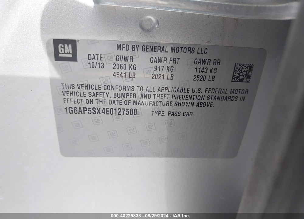 2014 CADILLAC CTS STANDARD VIN: 1G6AP5SX4E0127500
