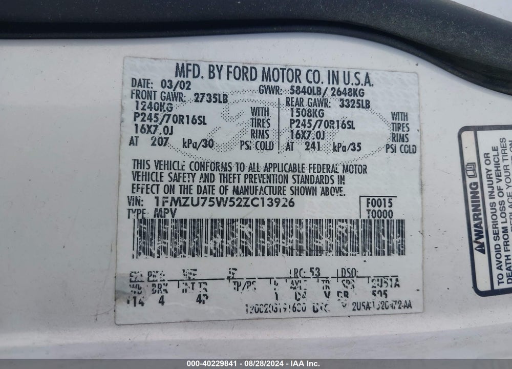 2002 FORD EXPLORER LIMITED VIN: 1FMZU75W52ZC13926