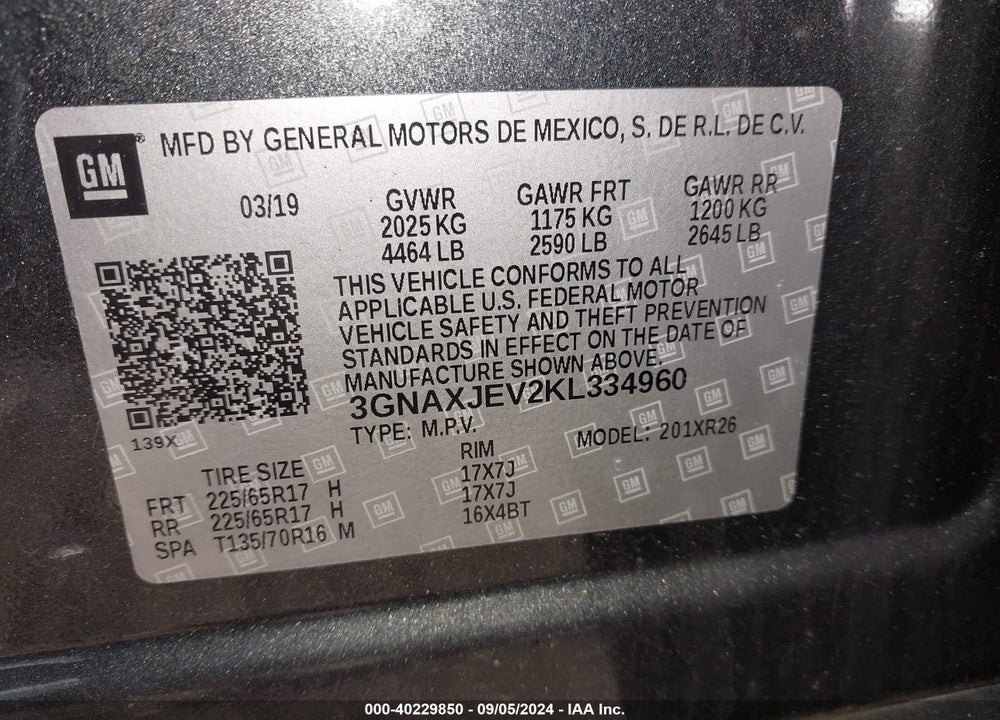 2019 CHEVROLET EQUINOX LT VIN: 3GNAXJEV2KL334960