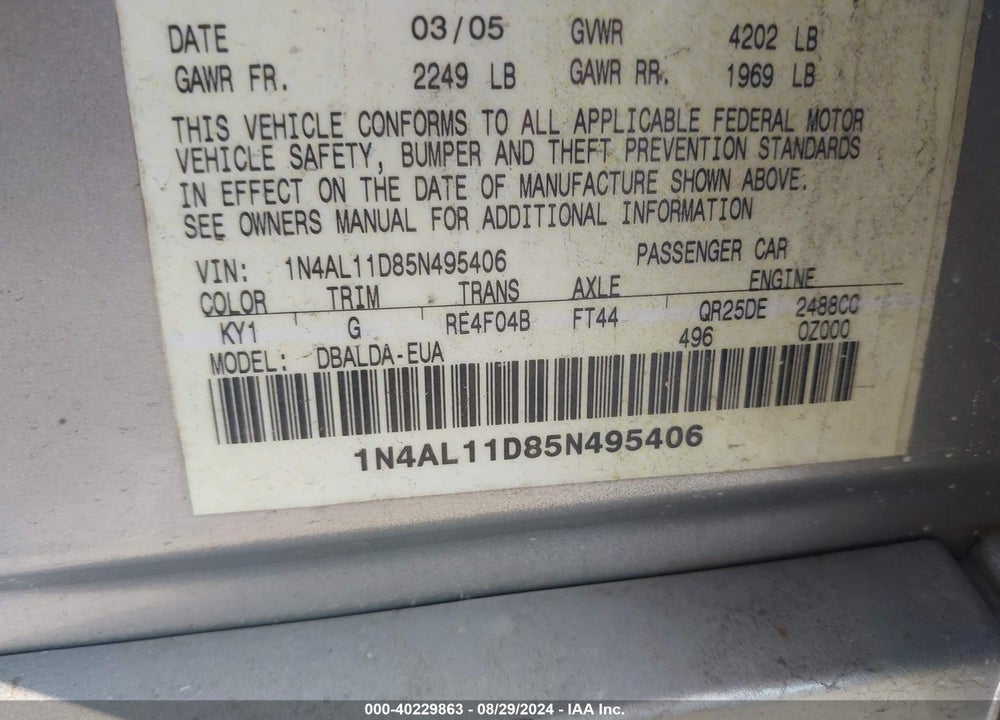 2005 NISSAN ALTIMA 2.5 S VIN: 1N4AL11D85N495406