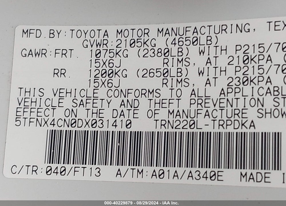 2013 TOYOTA TACOMA VIN: 5TFNX4CN0DX031410