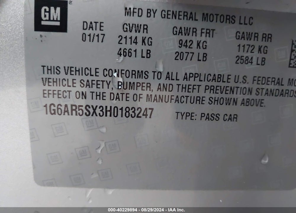 2017 CADILLAC CTS LUXURY VIN: 1G6AR5SX3H0183247