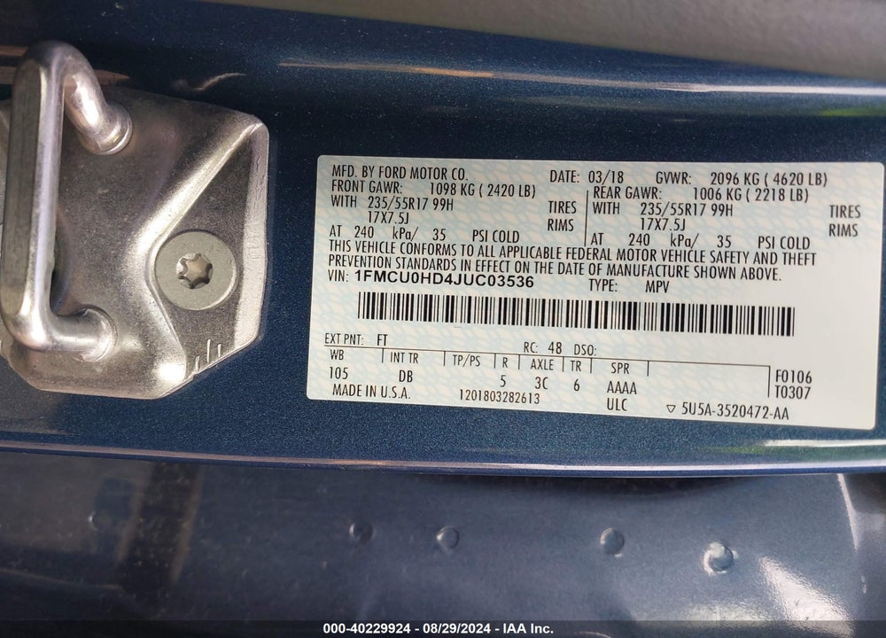 2018 FORD ESCAPE SEL VIN: 1FMCU0HD4JUC03536