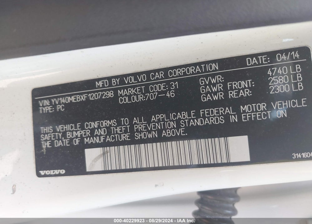 2015 VOLVO V60 VIN: YV140MEBXF1207298