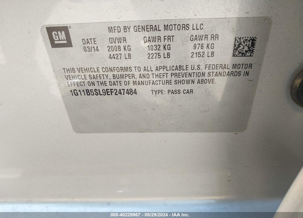 2014 CHEVROLET MALIBU 1LS VIN: 1G11B5SL9EF247484