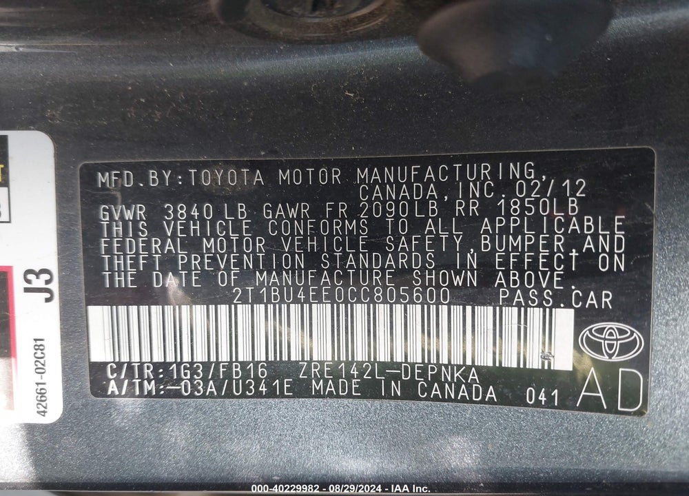 2012 TOYOTA COROLLA LE VIN: 2T1BU4EE0CC805600