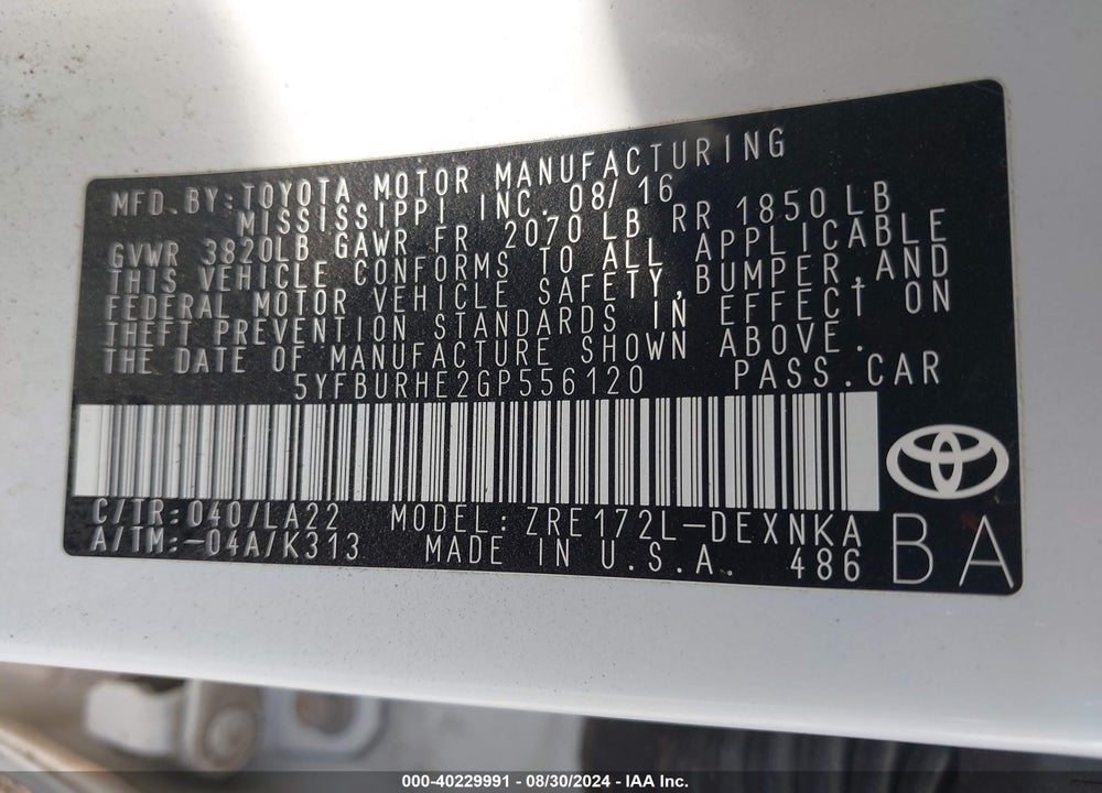 2016 TOYOTA COROLLA LE PREMIUM VIN: 5YFBURHE2GP556120
