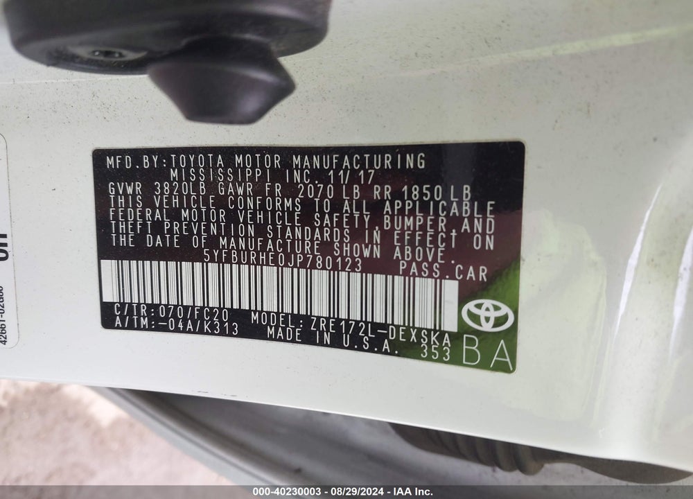 2018 TOYOTA COROLLA SE VIN: 5YFBURHE0JP780123