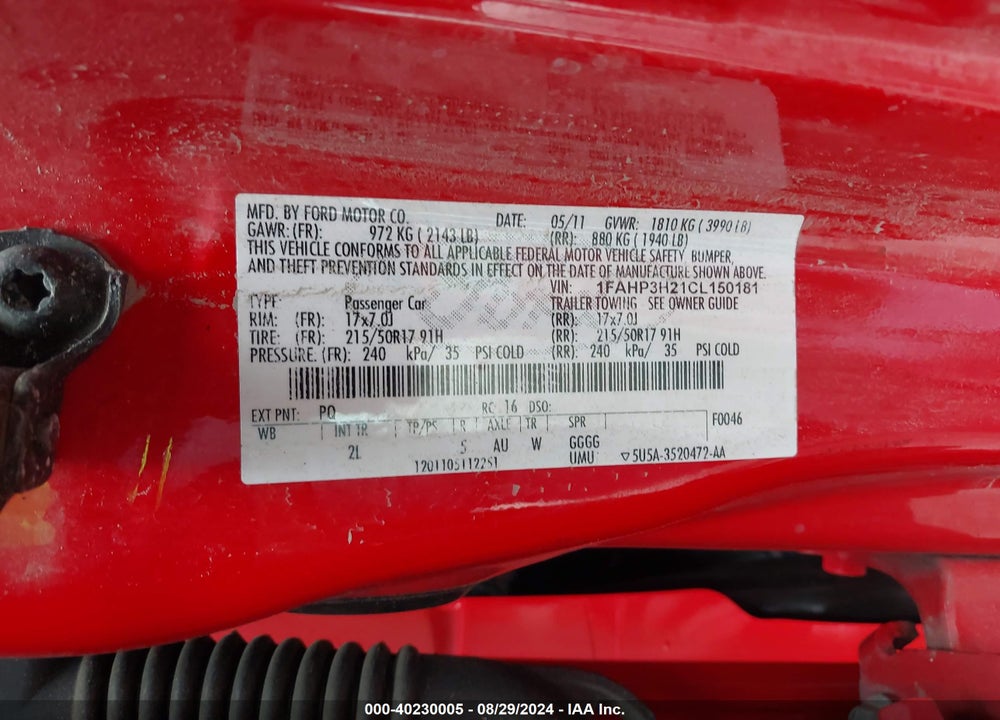 2012 FORD FOCUS VIN: 1FAHP3H21CL150181