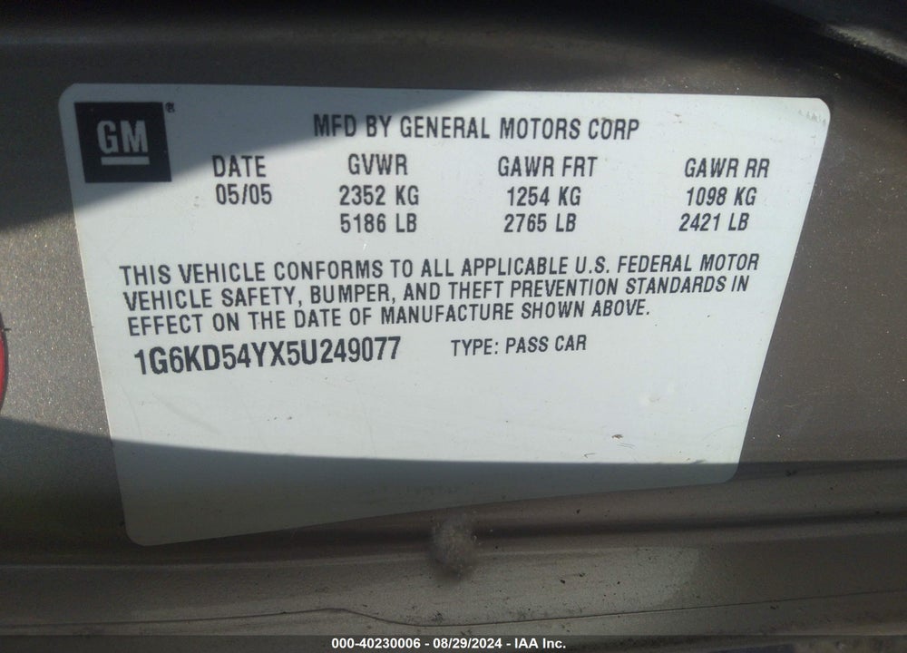 2005 CADILLAC DEVILLE STANDARD VIN: 1G6KD54YX5U249077
