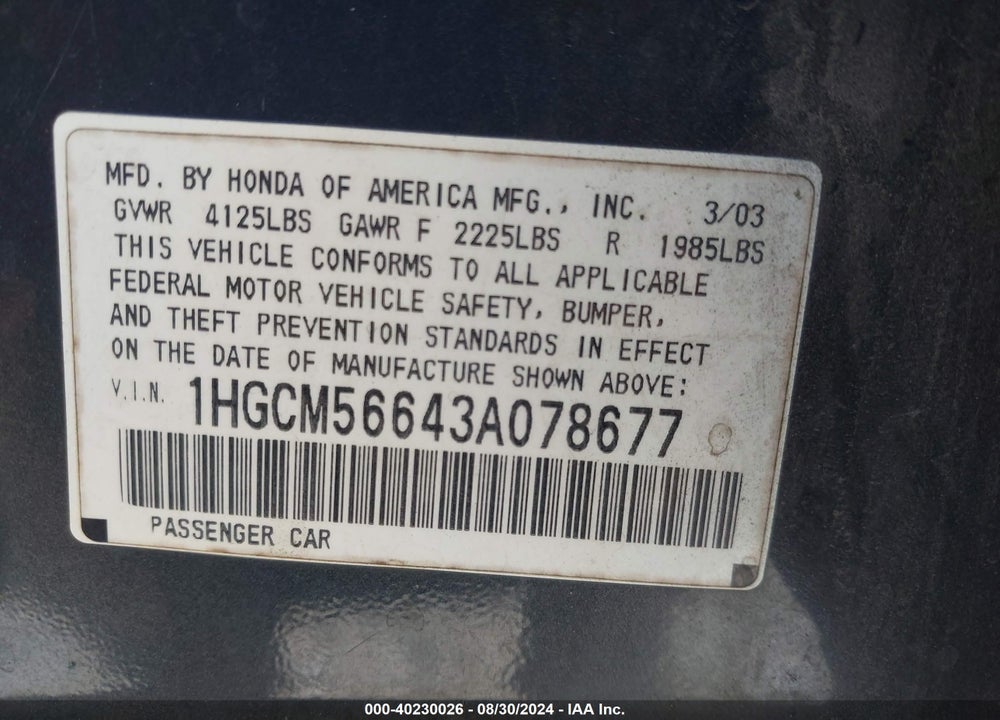 2003 HONDA ACCORD VIN: 1HGCM56643A078677