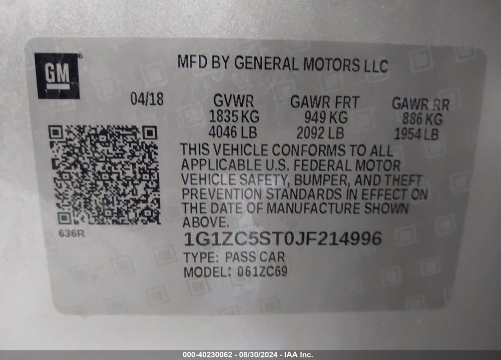 2018 CHEVROLET MALIBU 1FL VIN: 1G1ZC5ST0JF214996