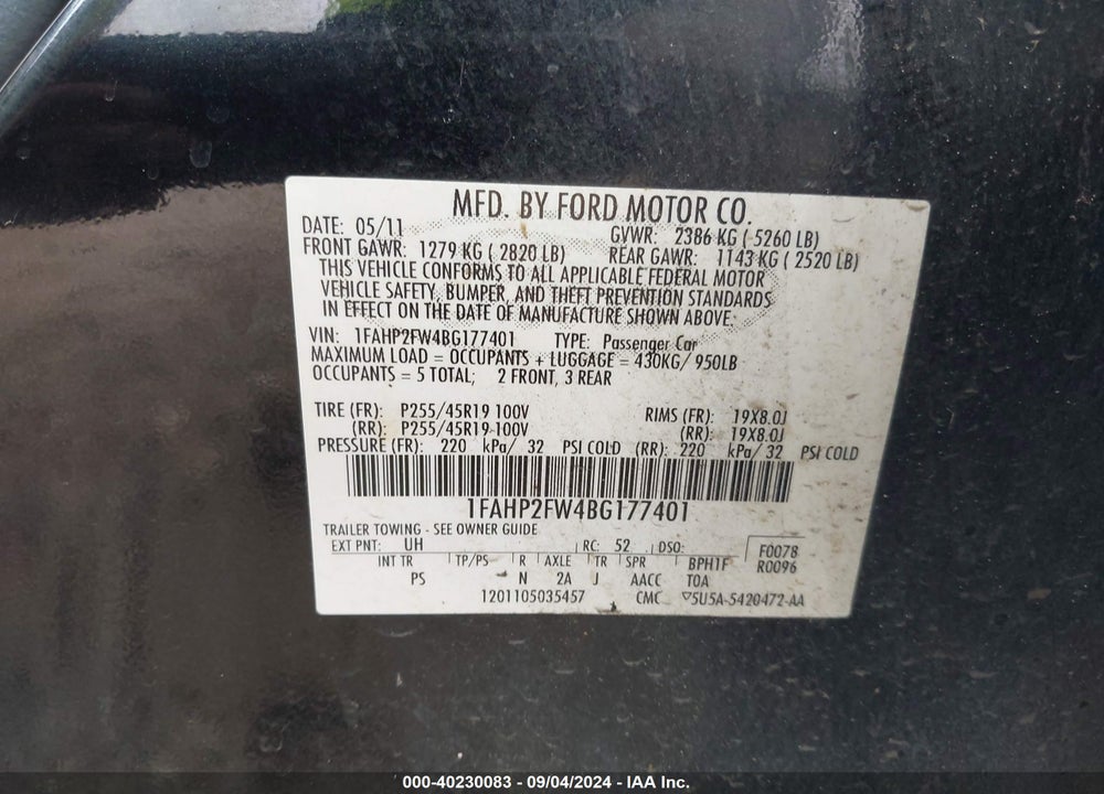 2011 FORD TAURUS LIMITED VIN: 1FAHP2FW4BG177401