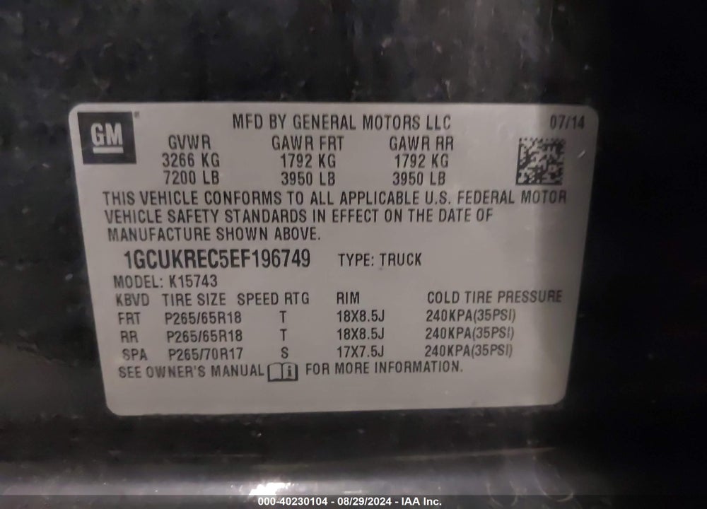 2014 CHEVROLET SILVERADO 1500 1LT VIN: 1GCUKREC5EF196749