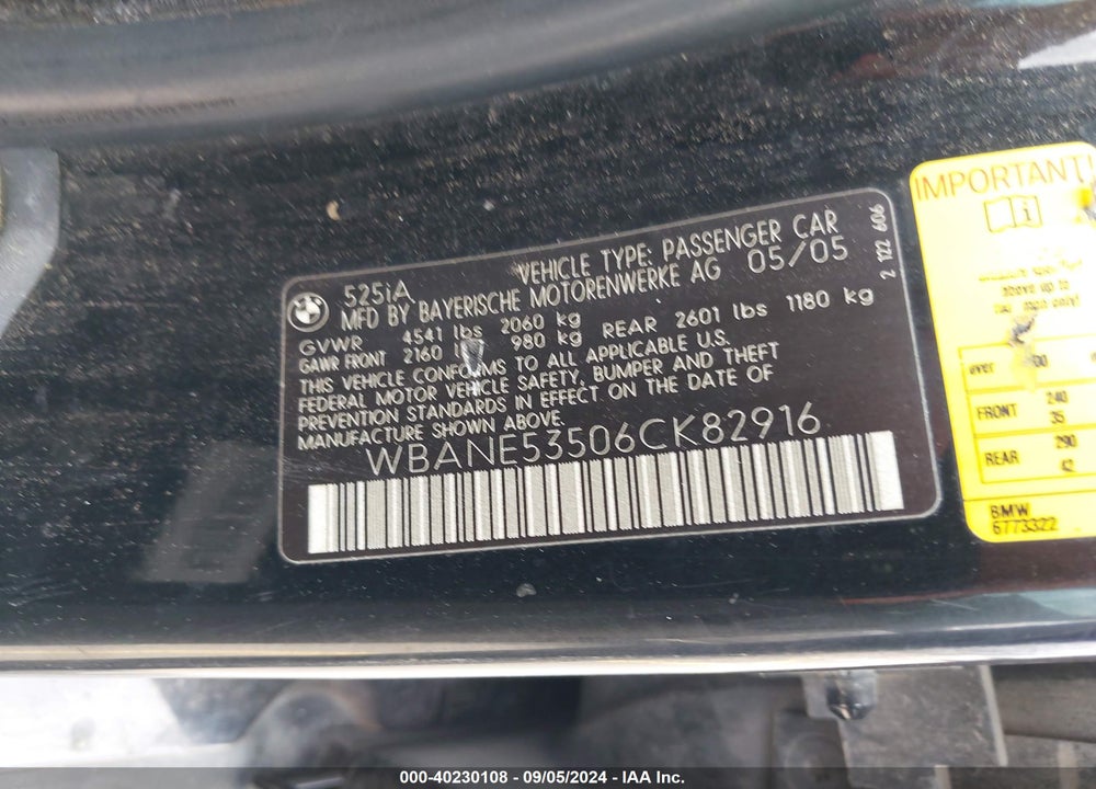 2006 BMW 525I VIN: WBANE53506CK82916