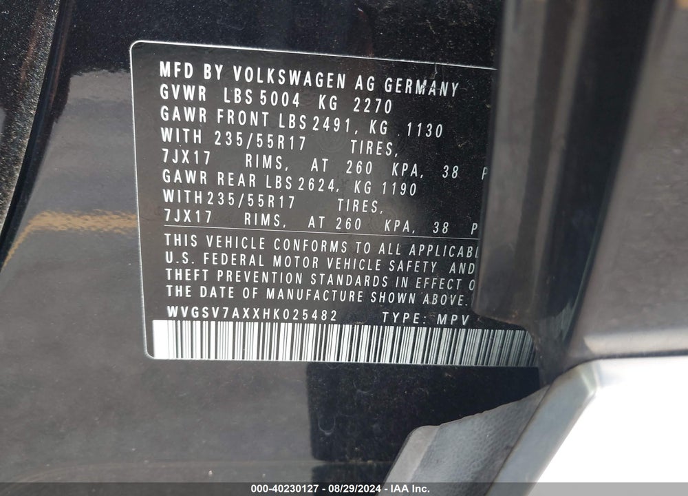 2017 VOLKSWAGEN TIGUAN 2.0T WOLFSBURG EDITION VIN: WVGSV7AXXHK025482