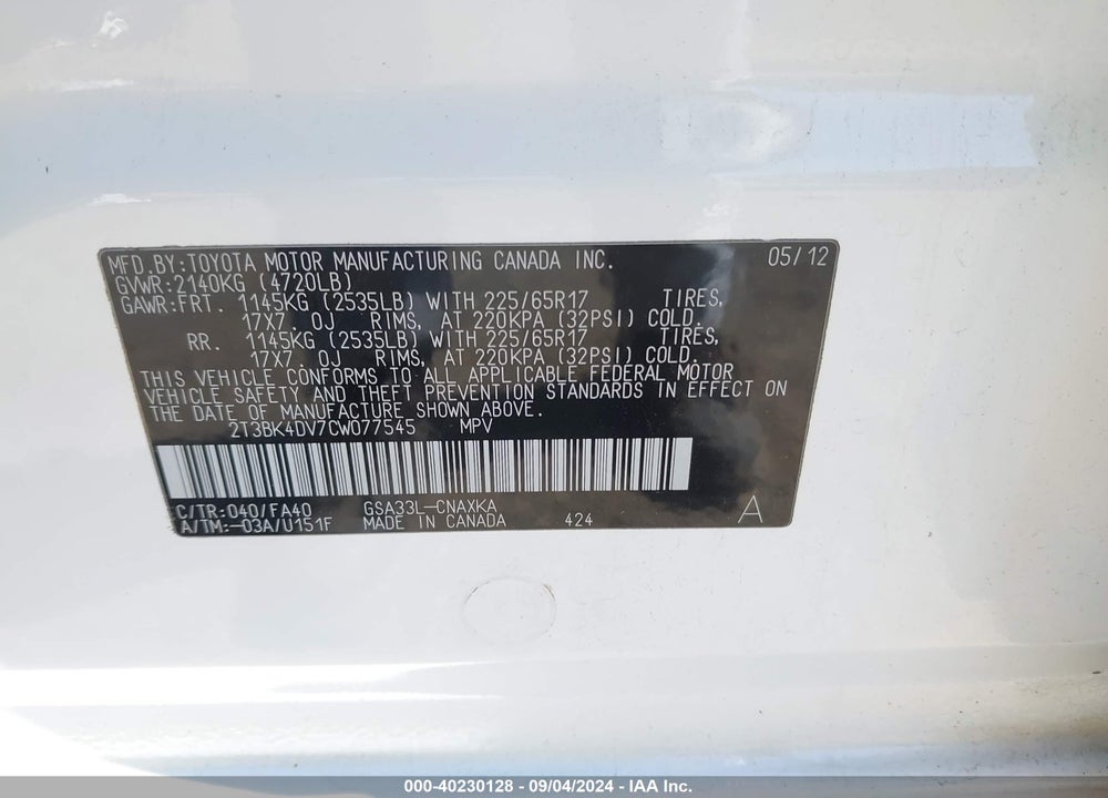2012 TOYOTA RAV4 BASE V6 VIN: 2T3BK4DV7CW077545