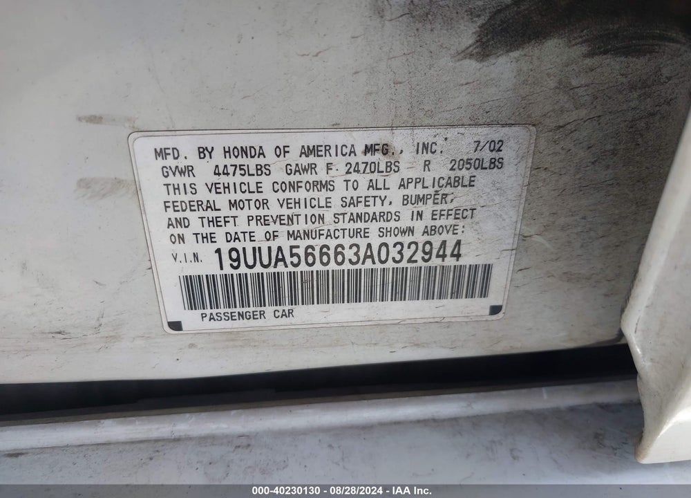 2003 ACURA TL 3.2 VIN: 19UUA56663A032944
