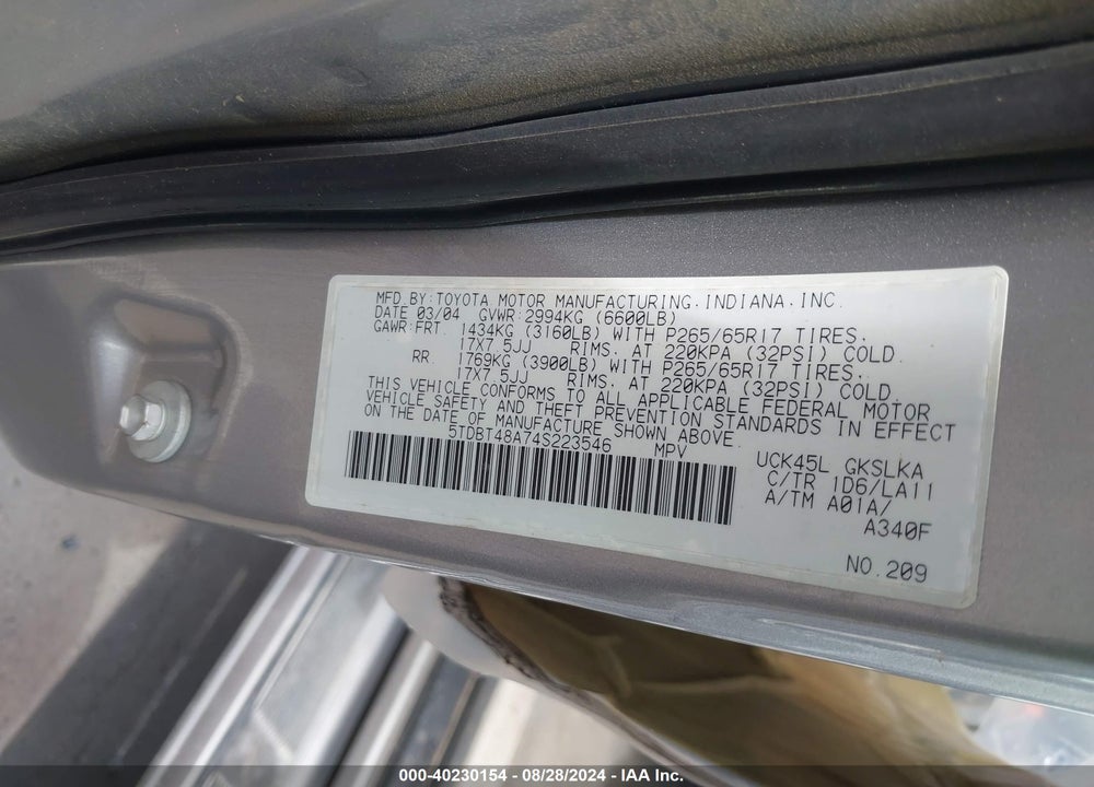 2004 TOYOTA SEQUOIA LIMITED V8 VIN: 5TDBT48A74S223546