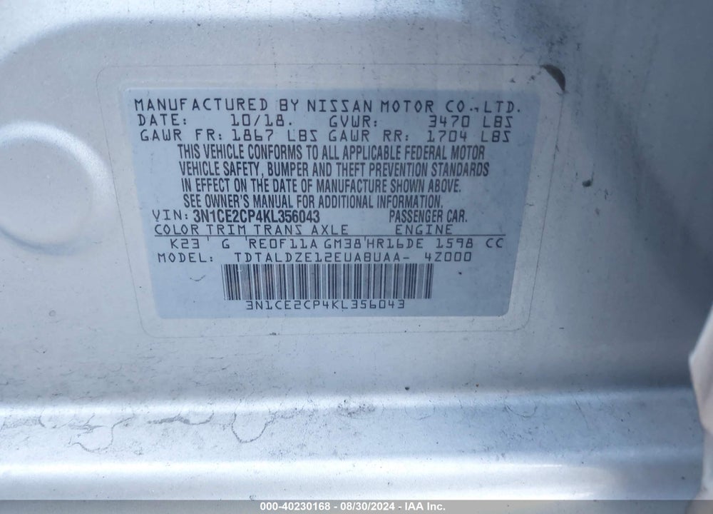2019 NISSAN VERSA NOTE S/SR/SV VIN: 3N1CE2CP4KL356043
