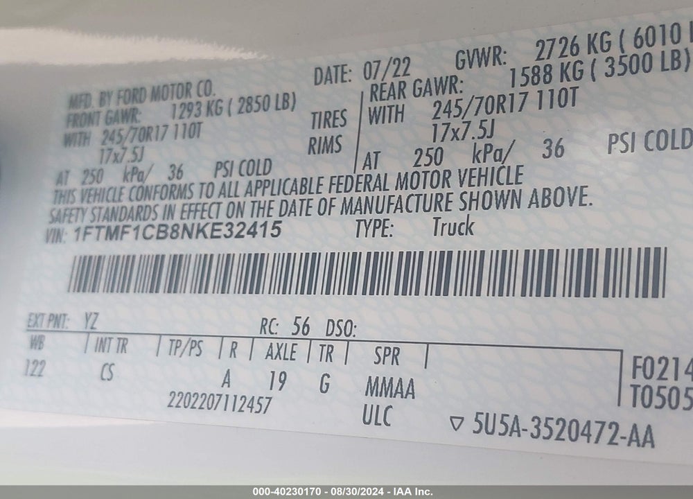 2022 FORD F-150 XL VIN: 1FTMF1CB8NKE32415