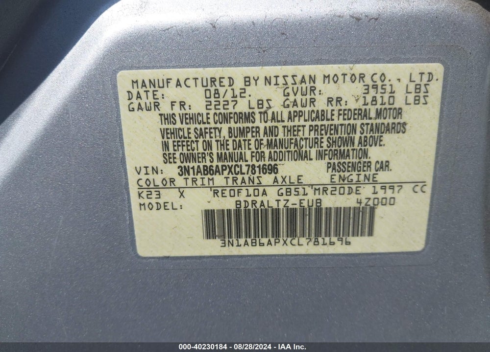 2012 NISSAN SENTRA 2.0 S VIN: 3N1AB6APXCL781696