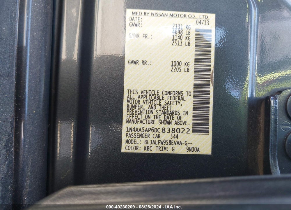 2013 NISSAN MAXIMA 3.5 SV VIN: 1N4AA5AP6DC838022