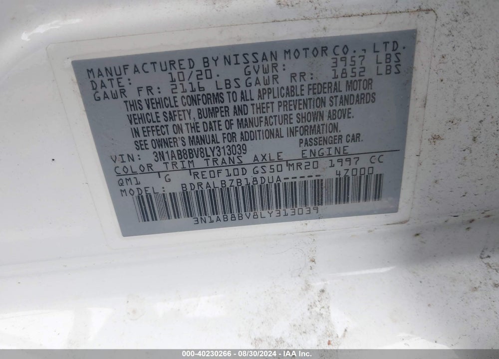 2020 NISSAN SENTRA VIN: 3N1AB8BV8LY313039