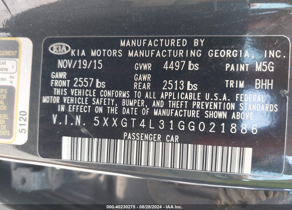 2016 KIA OPTIMA LX VIN: 5XXGT4L31GG021886