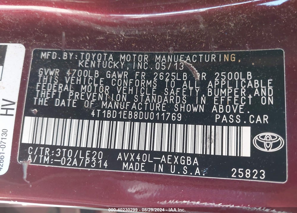 2013 TOYOTA AVALON HYBRID XLE TOURING VIN: 4T1BD1EB8DU011769