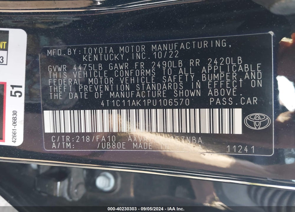 2023 TOYOTA CAMRY LE VIN: 4T1C11AK1PU106570