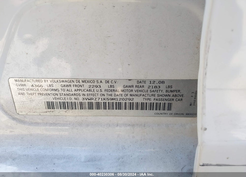 2009 VOLKSWAGEN JETTA SE/SEL VIN: 3VWRZ71K59M120292