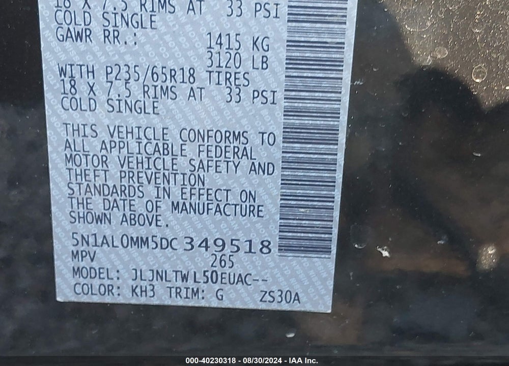 2013 INFINITI JX35 VIN: 5N1AL0MM5DC349518