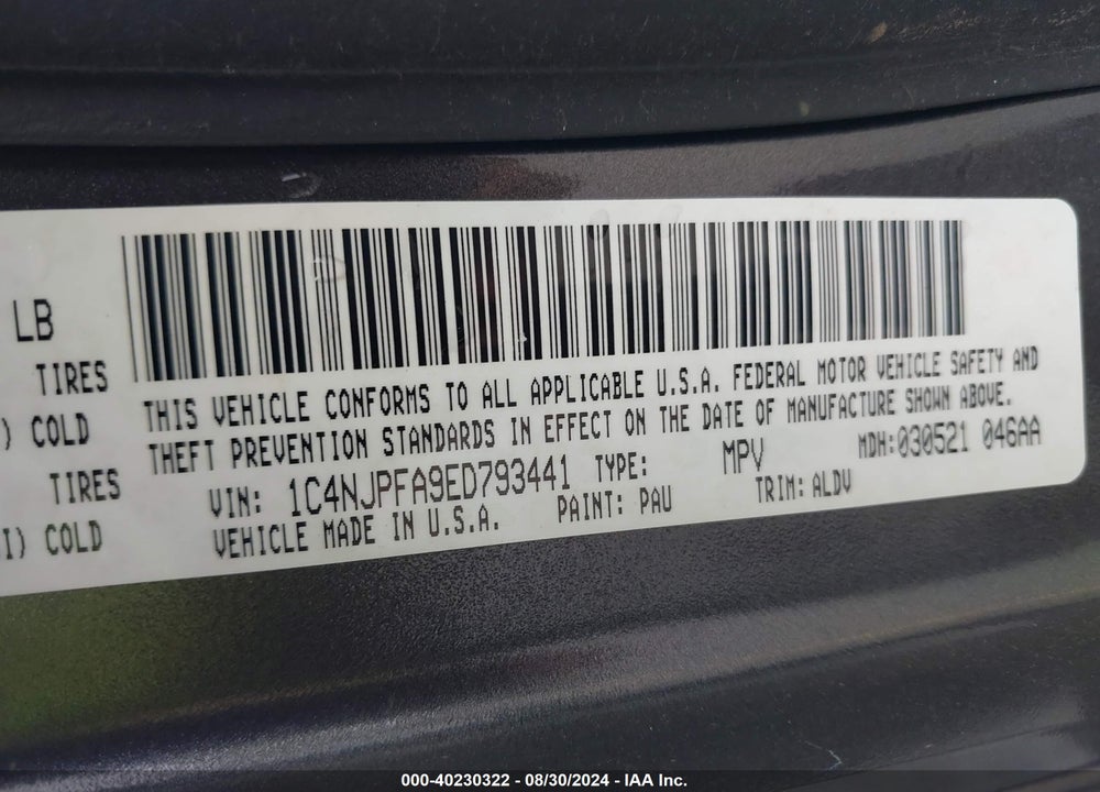 2014 JEEP PATRIOT HIGH ALTITUDE/LATITUDE VIN: 1C4NJPFA9ED793441