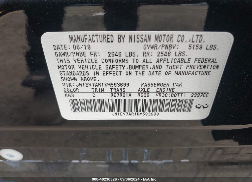 2019 INFINITI Q50 3.0T LUXE VIN: JN1EV7AR1KM593699