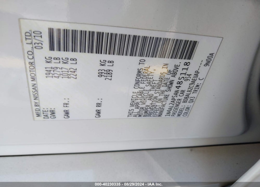2010 NISSAN ALTIMA VIN: 1N4AL2AP5AN485118