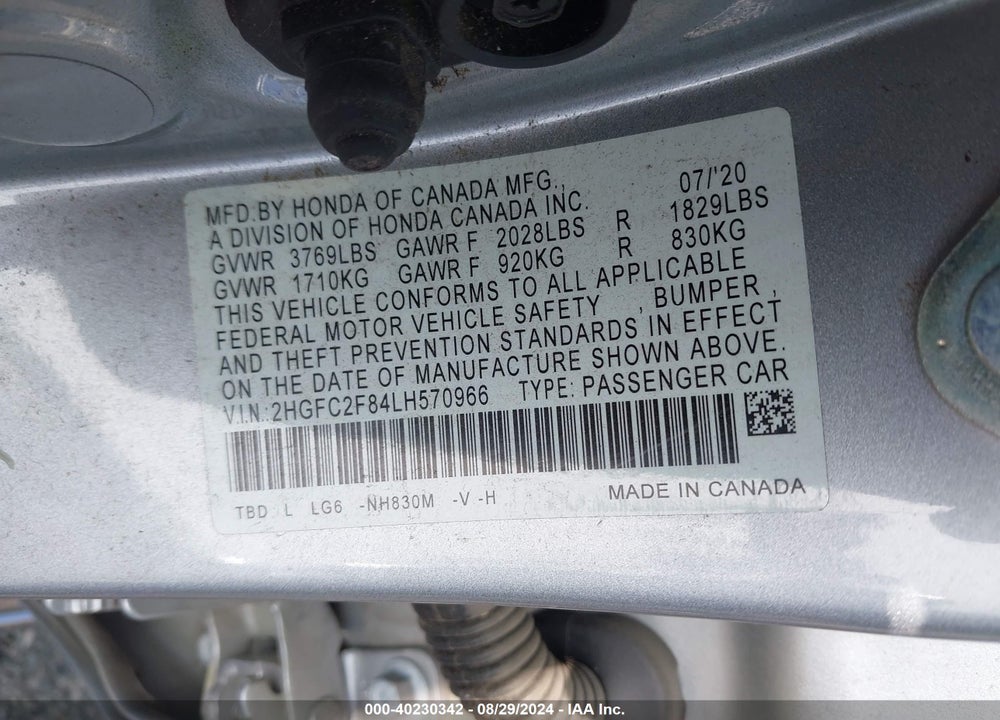 2020 HONDA CIVIC SPORT VIN: 2HGFC2F84LH570966