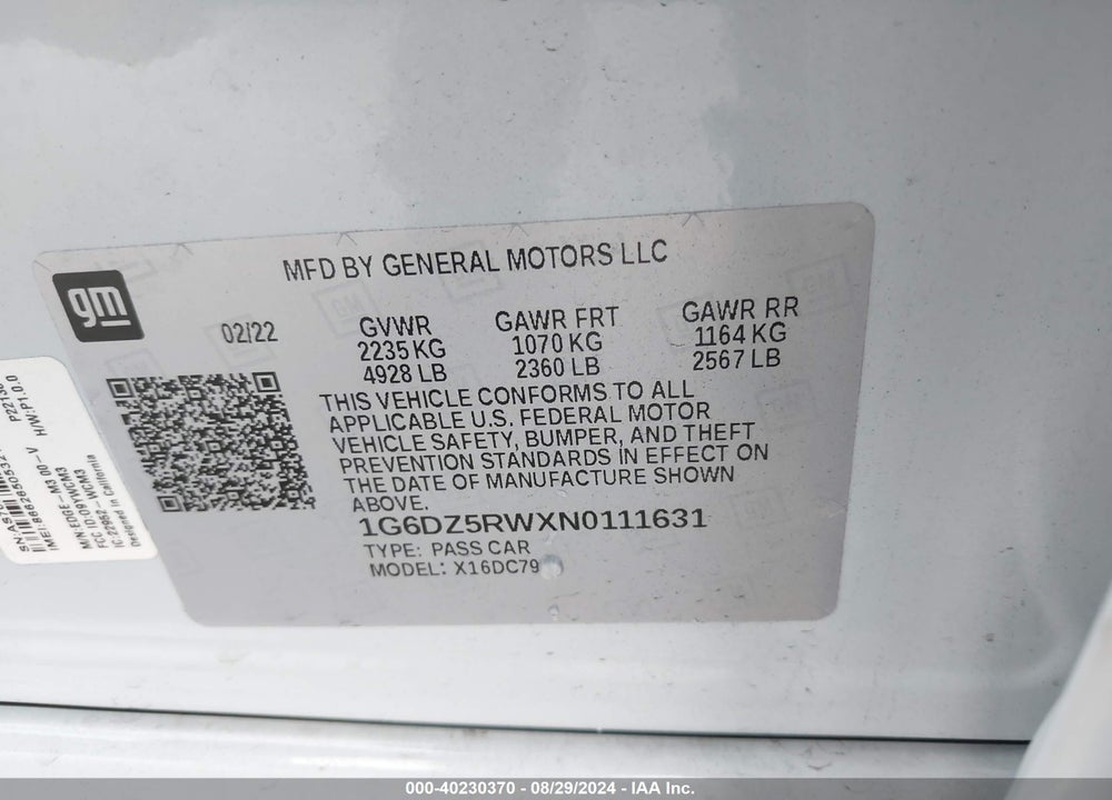 2022 CADILLAC CT5 PREMIUM LUXURY VIN: 1G6DZ5RWXN0111631