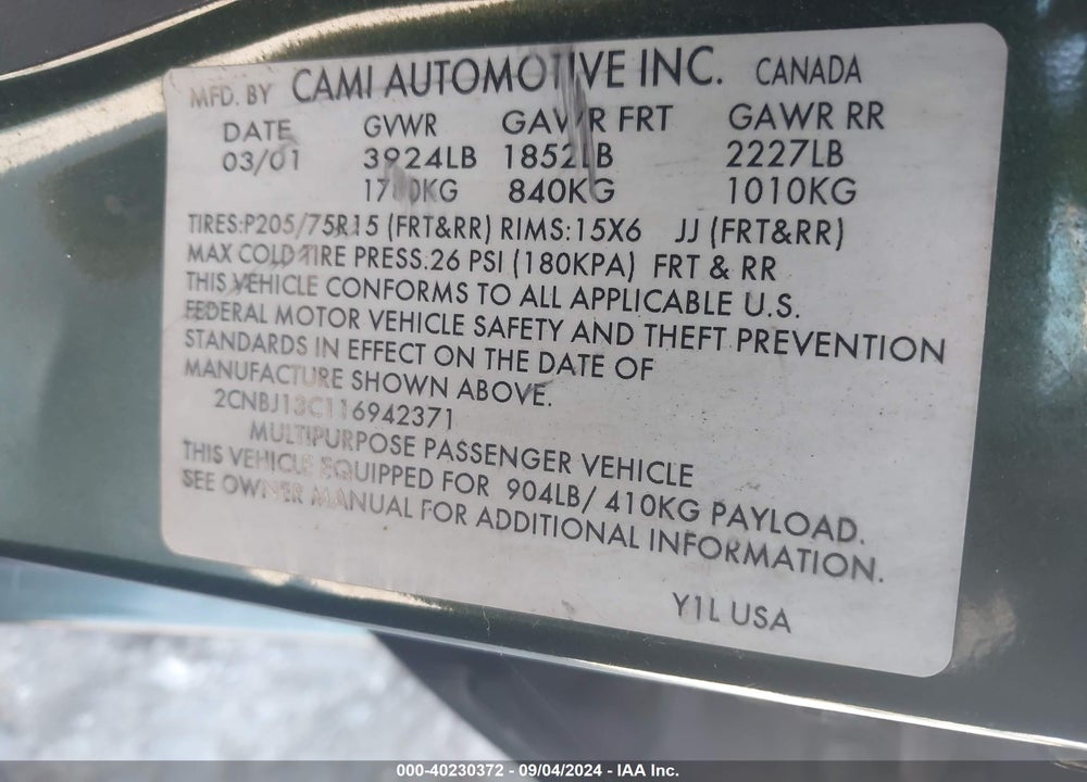 2001 CHEVROLET TRACKER HARD TOP BASE VIN: 2CNBJ13C116942371