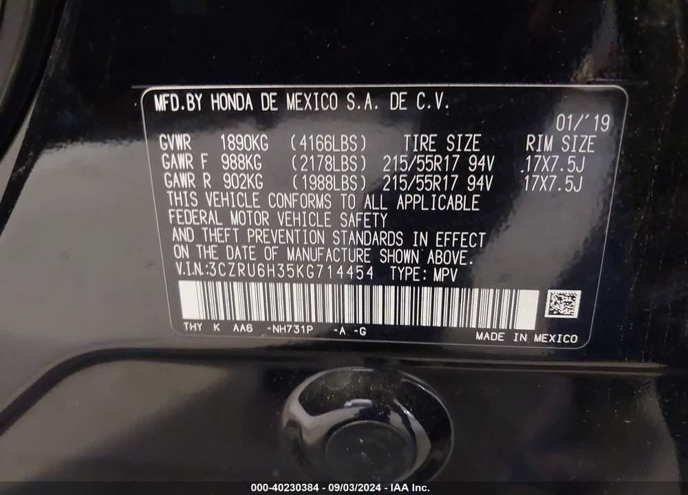 2019 HONDA HR-V LX VIN: 3CZRU6H35KG714454