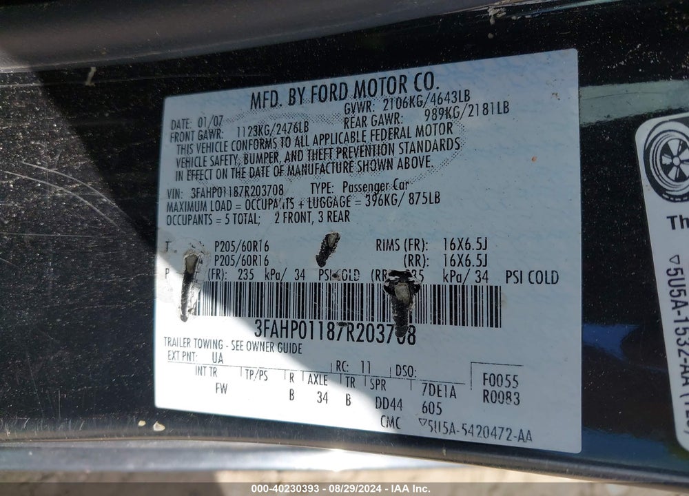 2007 FORD FUSION SE VIN: 3FAHP01187R203708